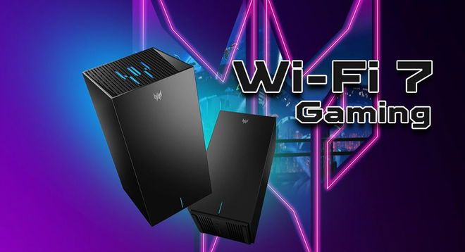Two black Wi-Fi 7 Acer routers with Predator branding in pink, purple, and blue behind it. Next to it, "Wi-Fi 7 Gaming" text in black with a white outline.