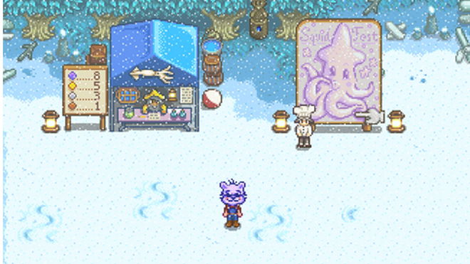 Stardew Valley player standing in snow at SquidFest