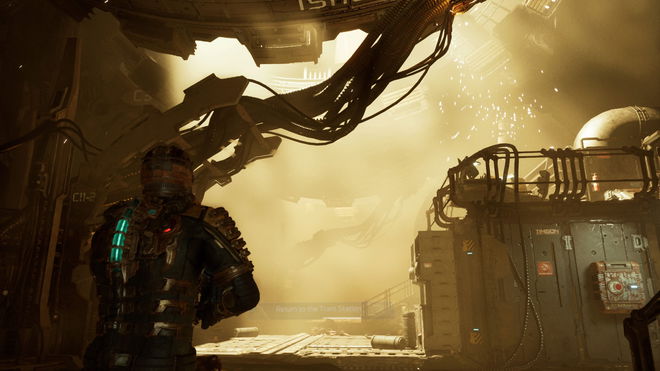 Isaac walking through a smoky cavern in the Dead Space remake.