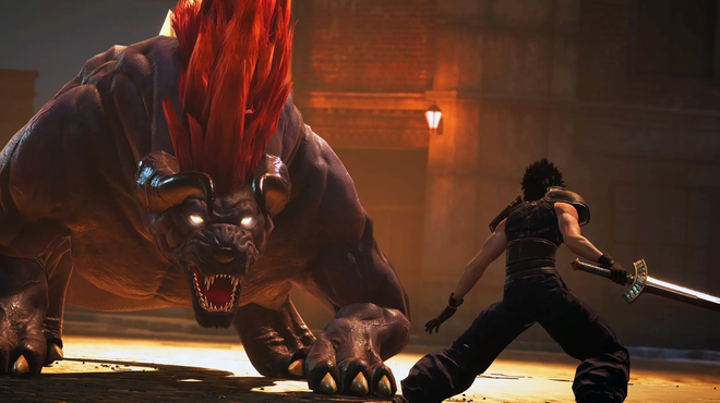 Screenshot from Crisis Core: Final Fantasy VII Reunion, featuring Zack wielding a massive sword and fighting a huge four-legged beast.