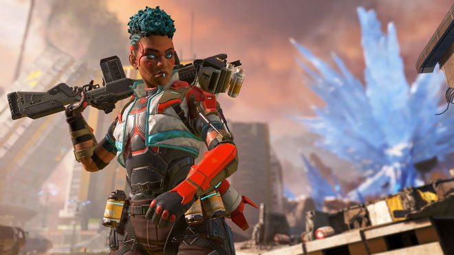 Apex Legends player holding gun with blue crystals in background