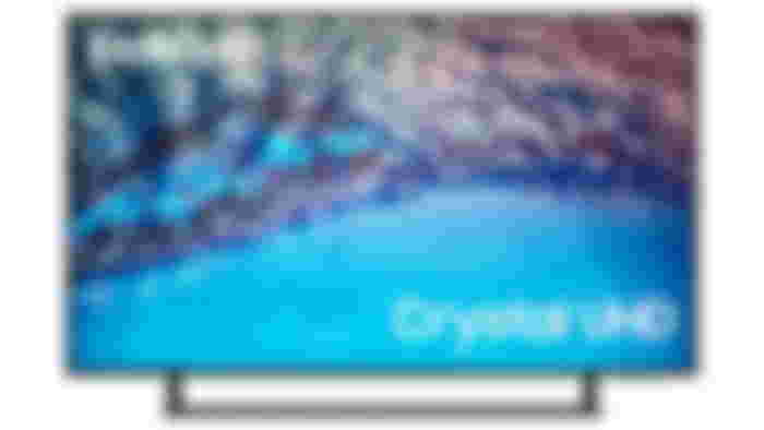 Samsung BU8500 product image of a black-framed TV with a blue pattern on the display.