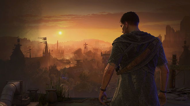 Dying Light 2 Main Screen Aiden looking at The City.
