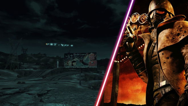 A rocket flying overhead in Fallout New Vegas.