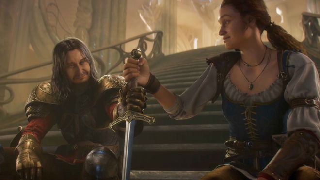 Image showing Humphrey and the player character of the Fable reboot holding a sword together.