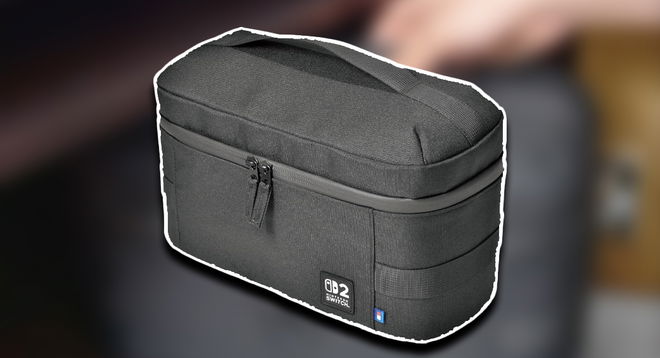 A black HORI travel case for the Switch 2 in front of a blurry image of someone placing it on a shelf.