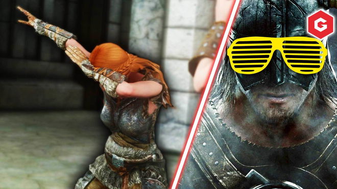 An image of Skyrim's Dragonborn dabbing.