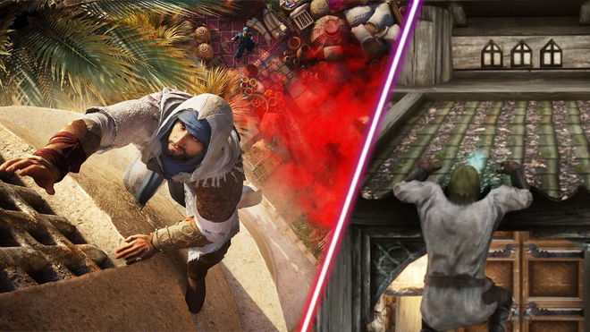 Basim in Assassin's Creed Mirage and Skyrim's Dragonborn climbing.
