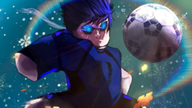 A Roblox character striking a football in Striker Odyssey.