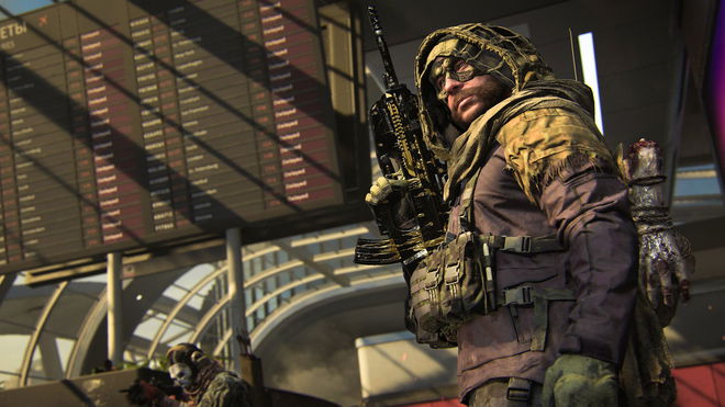 Warzone player holding gun in front of train station timetable