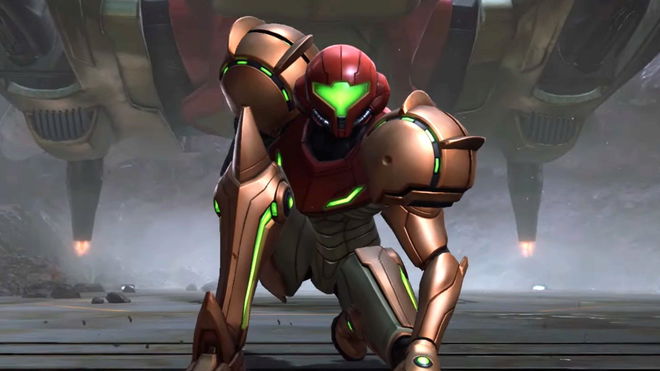 samus is kneeling down in front of a large robot in a video game .