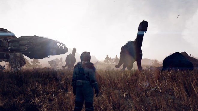 A planet with dinosaurs in Starfield.