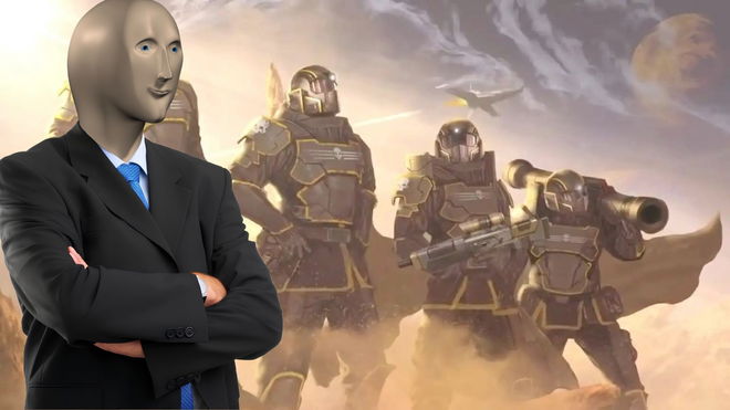 Helldivers posing heorically next to the stonks meme
