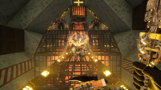 An enemy crawling atop a vent in Meet Your Maker.