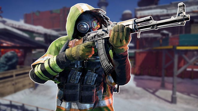 A Cleaner bandit wearing a gas mask and holding an assault rifle at the ready, placed on a slightly blurred background of a map from XDefiant.
