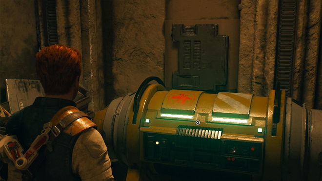 Screenshot from Star Wars Jedi Survivor showing Cal looking at keypad for a locked door inside Doma's shop