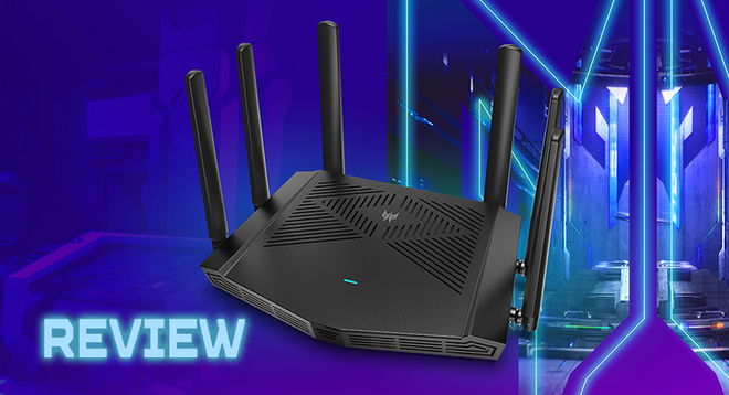 A black Acer router featuring six antenna next to "REVIEW" text in blue with a dark blue glow around it.