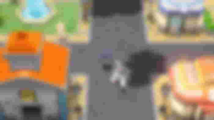 A Pokémon Trainer and their Palkia in the middle of Jubilife City in Pokémon Brilliant Diamond and Shining Pearl.