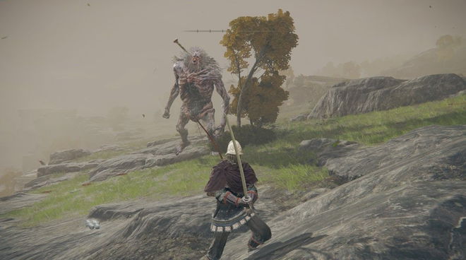 A Samurai player faces a troll in Stormhill in Elden Ring.