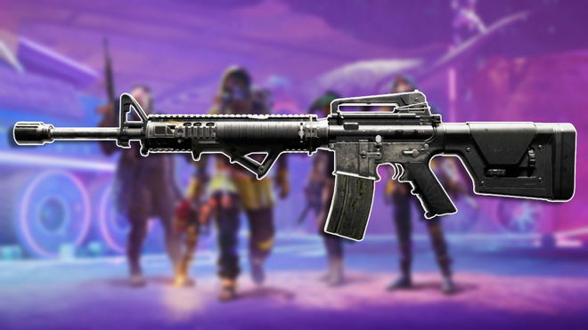 An M16A4 loadout placed above a purple-hued background of XDefiant gameplay showing four characters posing with weapons at the ready.