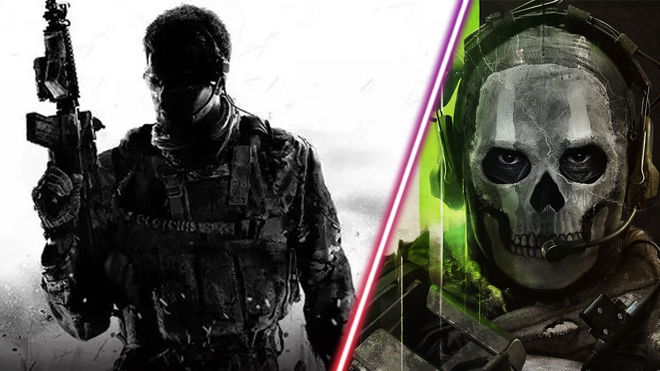 Screenshot of Modern Warfare 2 player pointing gun in the air and Ghost from Modern Warfare 2 on green background