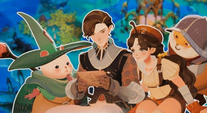 AFK Journey charcters looking at piece of paper on blue background
