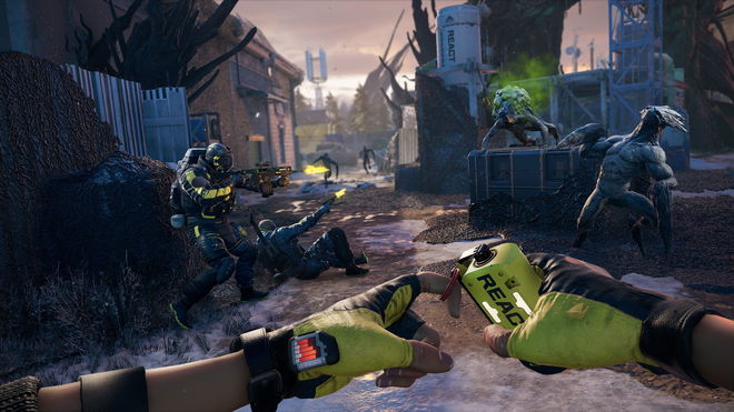 An Operator using a smoke grenade against Grunts and a Bloater in Rainbow Six Extraction.