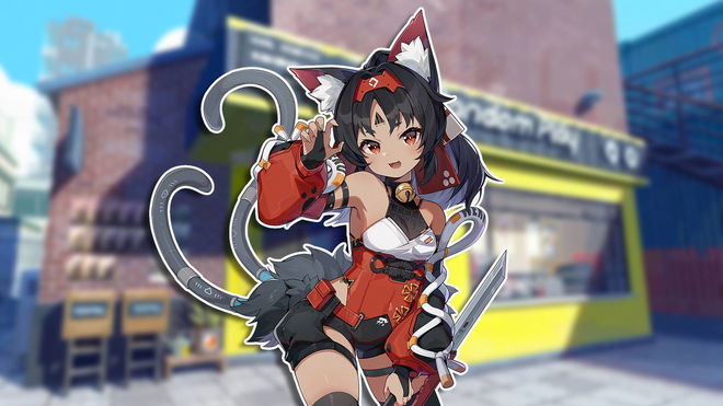 Zenless Zone Zero's Nekomata with her right hand up like a claw, posing against a slightly blurred image of the Random Play store in Sixth Street.