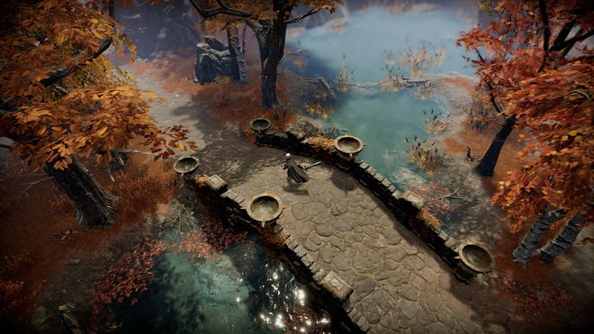 Image of a bridge above a lake in V Rising.