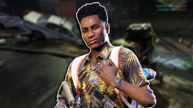 A close-up of a masculine character with a smirk while holding a weapon across their body with their right hand as they grab their backpack strap with their left hand. This character is placed against a blurred background of gameplay showing a payload next to a crashed car in a city street.