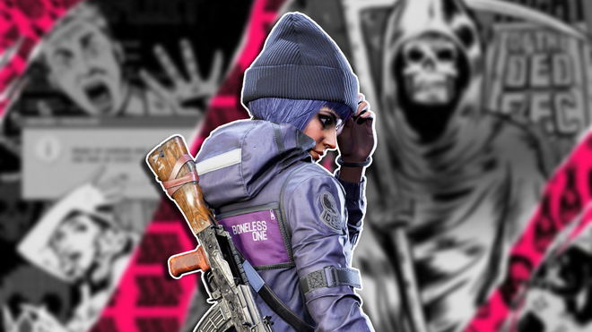 Gia from XDefiant's DedSec Faction looking over her right shoulder, holding her beanie with her left hand, placed against a blurred background of artwork used in Watch Dogs 2.
