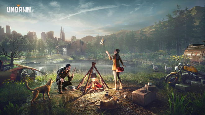 Characters sitting around a camp in Undawn.