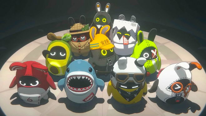 A group of assorted Zenless Zone Zero Bangboos standing in a spotlight.