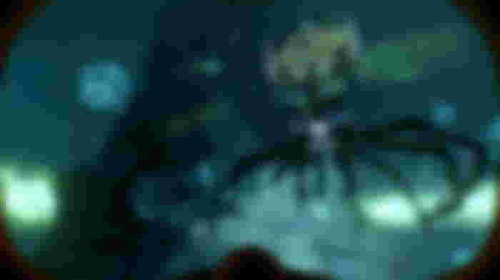 A dark underwater setting with a luminous octopus in Subnautica.