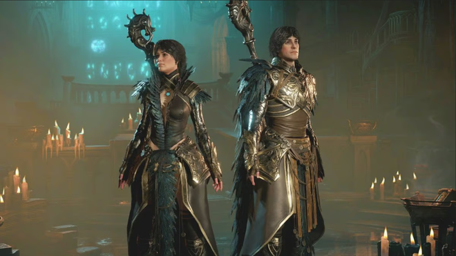 diablo 4 male and female character standing side by side