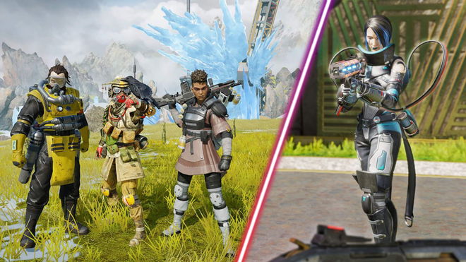 Apex Legends players standing together and Valkyrie holding gun