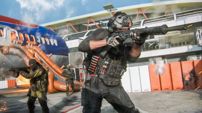 Modern Warfare 3 player aiming down sight of assault rifle iwth player and aircraft in background