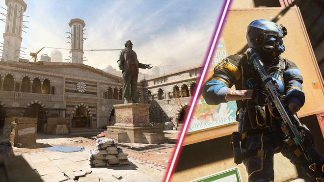 Screenshot of Modern Warfare 2 Showdown map and Modern Warfare 2 player carrying an assault rifle