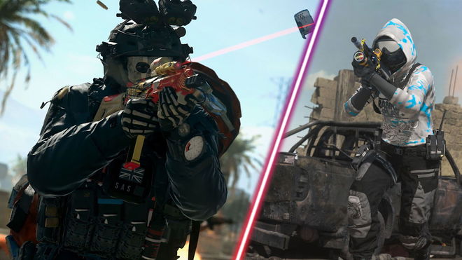 Screenshot showing Warzone 2 Ghost Operator aiming down sights of gun and Warzone 2 ranked play player holding gun
