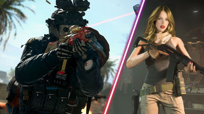 Screenshot of Modern Warfare 2 Ghost aiming down sights of gun and fan-made Modern Warfare 2 Taylor Swift Operator holding a gun