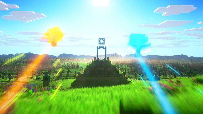 Two spirits facing off in a shot from the Minecraft Legends trailer.