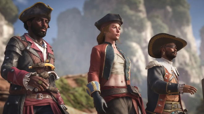 Skull and Bones - three pirates stood next to one another, looking to the right