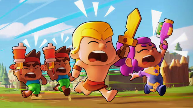 A group of Squad Busters characters (Shelly, Barbarian and Heavy) charge into battle.
