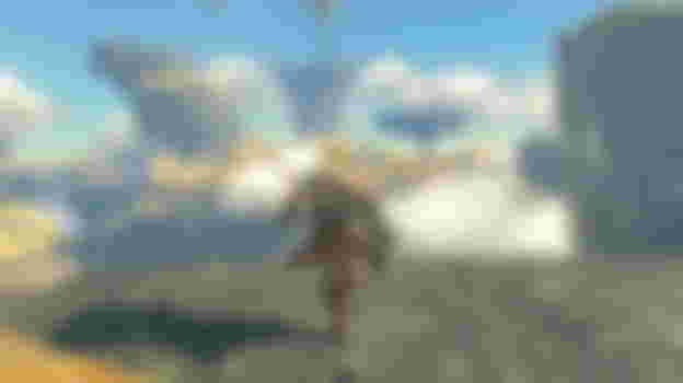 Link running toward flying islands in Zeld: Tears of the Kingdom.