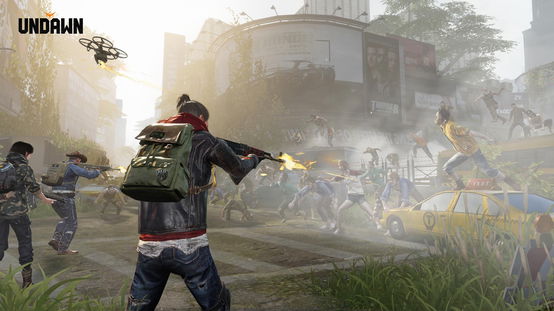 Undawn promo art character and drone firing at hoardes of zombies
