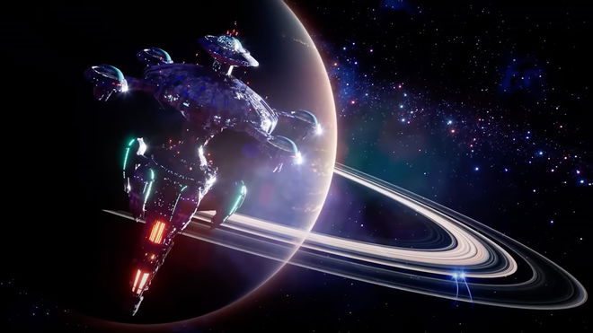 Spaceship with a planet in the background during the System Shock remake trailer.