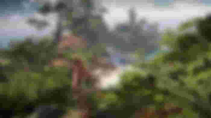 Horizon Forbidden West. Landscapes shot of a jungle environment and Aloy is in the foreground with her back facing us.