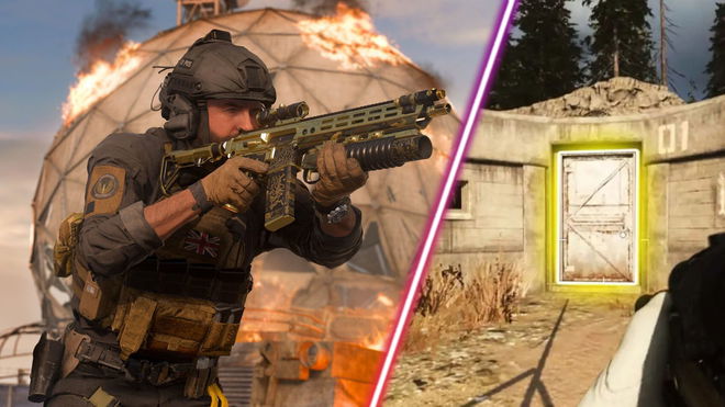 Screenshot of Warzone player aiming down sights of assault rifle and Warzone player looking at door with a yellow glow around the edge