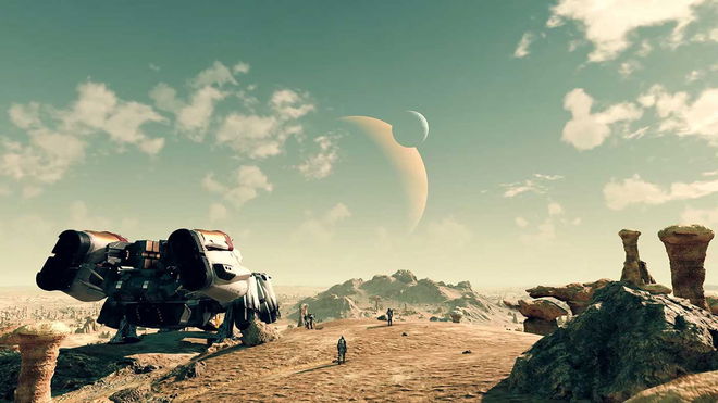 Starfield ship on rocky planet with cloudy blue sky in background