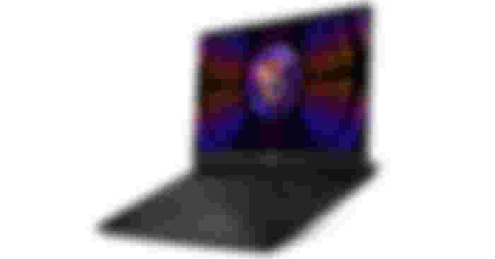 MSI Vector GP77 product image of a black laptop with light blue and orange backlit keys and orange and purple branding on the display.